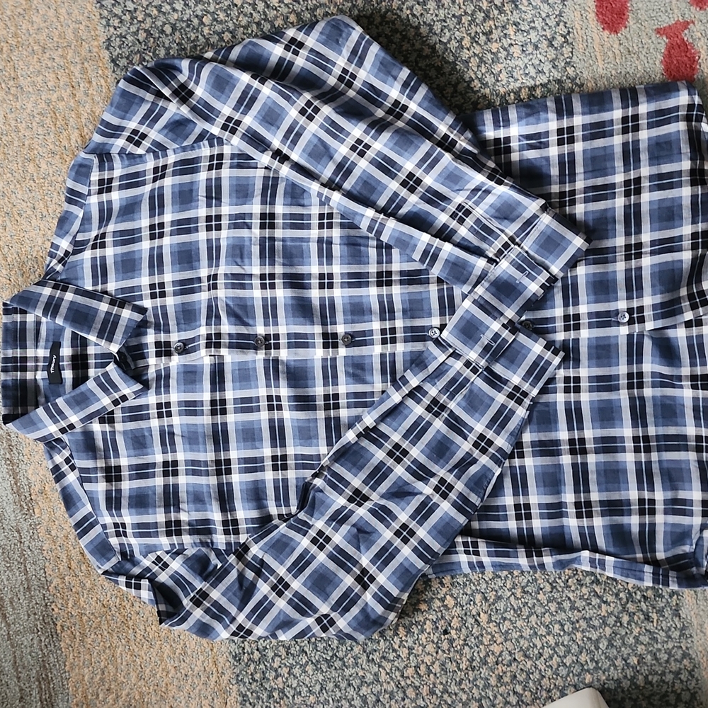 Men Theory Large Navy Casual Plaid Button Down Shirt L 👕